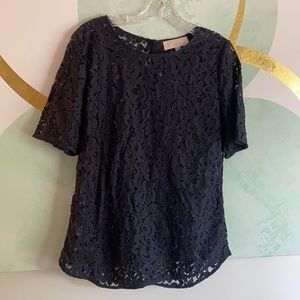 LOFT Navy Short-Sleeved Lace Blouse